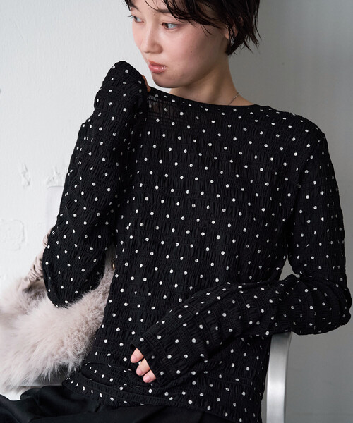 FREAK'S STORE(フリークスストア)の「限定展開 シャーリング ドット クルーネック ロングスリーブ トップス(Tシャツ/カットソー・レディース・ブラック/ナチュラル・フリ-)」の8枚目の写真
