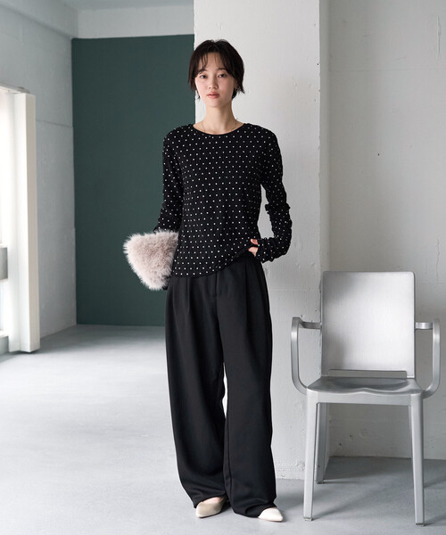 FREAK'S STORE(フリークスストア)の「限定展開 シャーリング ドット クルーネック ロングスリーブ トップス(Tシャツ/カットソー・レディース・ブラック/ナチュラル・フリ-)」の9枚目の写真