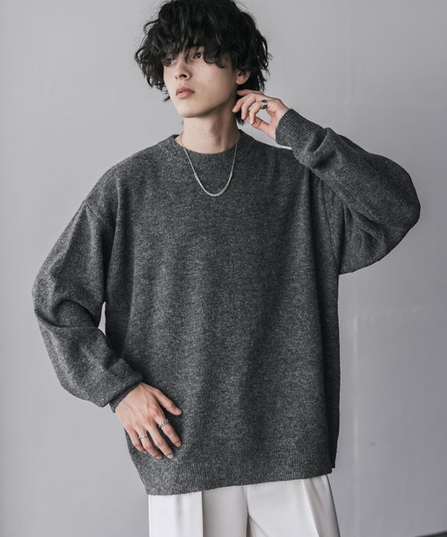 Rocky Monroe(ロッキーモンロー)の「新色追加 オーバーサイズウール混メランジプルオーバーニット 天竺編みクルーネック長袖セーター(ニット/セーター・メンズ・マスタード/グレー/ブラウン/ブラック/オフホワイト/チャコール・L/M/XL)」の4枚目の写真