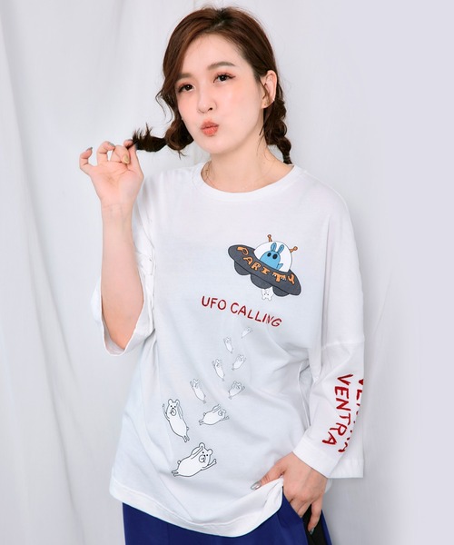 ScoLar（スカラー）の「363106：UFO離脱クマ柄Tシャツ（Tシャツ/カットソー・レディース・グレー/オフホワイト・M）」の2枚目の写真