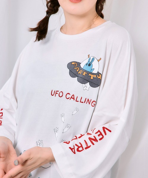 ScoLar（スカラー）の「363106：UFO離脱クマ柄Tシャツ（Tシャツ/カットソー・レディース・グレー/オフホワイト・M）」の4枚目の写真