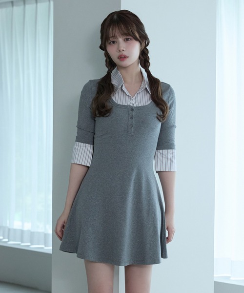 M DOLLY(エムドリー)の「Stripe selena flare dress / ストライプセレーナフレアドレス(ワンピース・レディース・ブラック/グレー・FREE)」の2枚目の写真