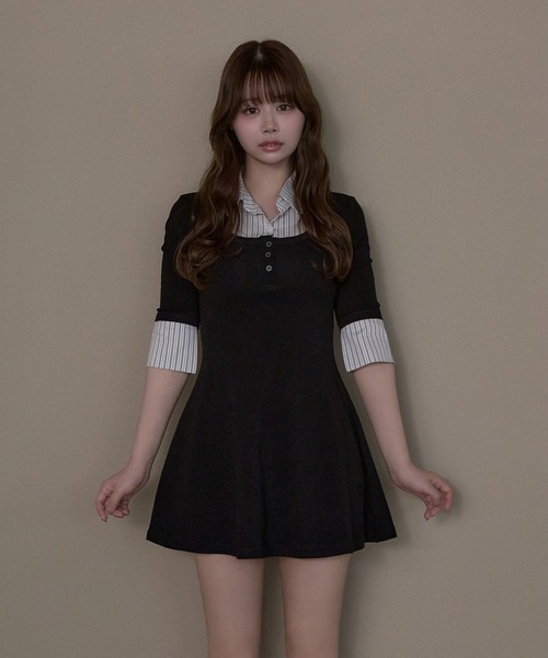 M DOLLY(エムドリー)の「Stripe selena flare dress / ストライプセレーナフレアドレス(ワンピース・レディース・ブラック/グレー・FREE)」の9枚目の写真