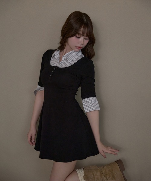 M DOLLY(エムドリー)の「Stripe selena flare dress / ストライプセレーナフレアドレス(ワンピース・レディース・ブラック/グレー・FREE)」の11枚目の写真