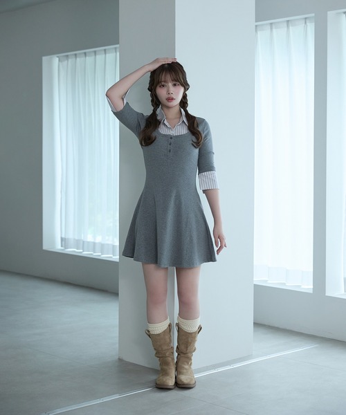 M DOLLY(エムドリー)の「Stripe selena flare dress / ストライプセレーナフレアドレス(ワンピース・レディース・ブラック/グレー・FREE)」の3枚目の写真