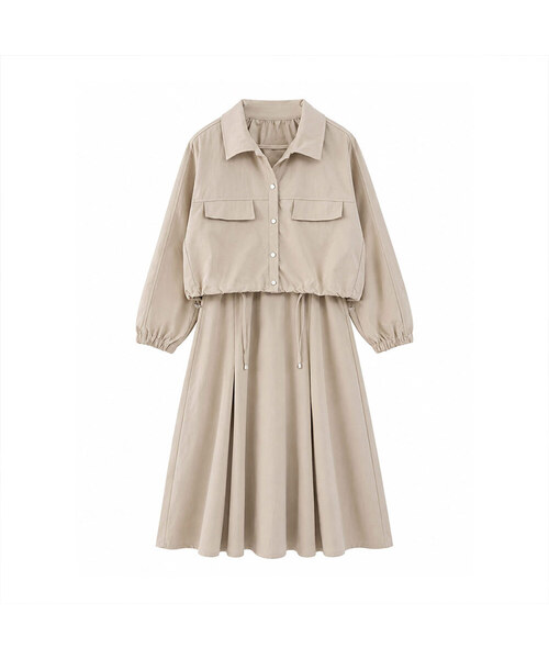 VASCARA（バスカラ）の「[SET] Pocket Crop Shirring Jacket + String Pleated Sleeveless Dress Set-up (2colors)（ワンピース・レディース・ブラック/ベージュ・FREE）」の2枚目の写真