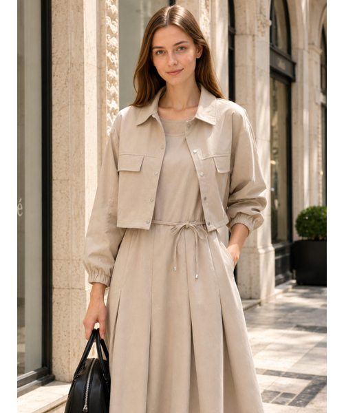 VASCARA（バスカラ）の「[SET] Pocket Crop Shirring Jacket + String Pleated Sleeveless Dress Set-up (2colors)（ワンピース・レディース・ブラック/ベージュ・FREE）」の3枚目の写真