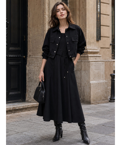 VASCARA（バスカラ）の「[SET] Pocket Crop Shirring Jacket + String Pleated Sleeveless Dress Set-up (2colors)（ワンピース・レディース・ブラック/ベージュ・FREE）」の4枚目の写真