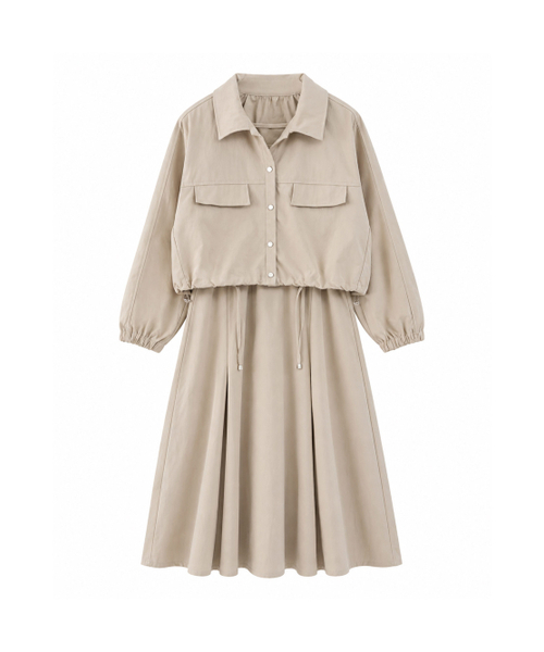 VASCARA（バスカラ）の「[SET] Pocket Crop Shirring Jacket + String Pleated Sleeveless Dress Set-up (2colors)（ワンピース・レディース・ブラック/ベージュ・FREE）」の5枚目の写真
