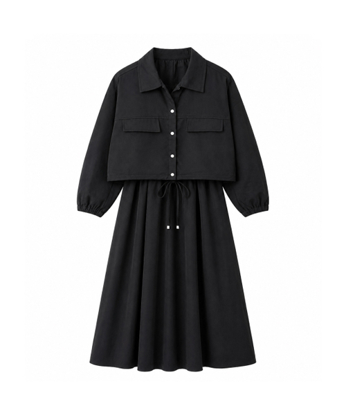 VASCARA（バスカラ）の「[SET] Pocket Crop Shirring Jacket + String Pleated Sleeveless Dress Set-up (2colors)（ワンピース・レディース・ブラック/ベージュ・FREE）」の6枚目の写真