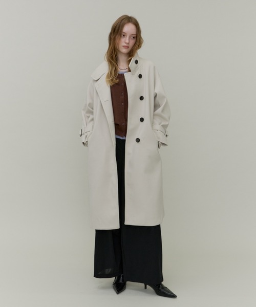 Plumel(プルメル)の「Stand Collar Sleeve Belt Long Coat / ウールライクスタンドカラーロングコート(ステンカラーコート・レディース・オフホワイト/ブラック・MEDIUM)」の15枚目の写真
