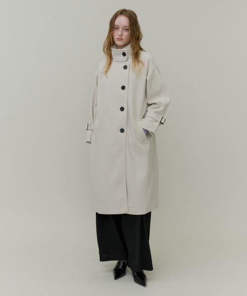 Plumel(プルメル)の「Stand Collar Sleeve Belt Long Coat / ウールライクスタンドカラーロングコート(ステンカラーコート・レディース・オフホワイト/ブラック・MEDIUM)」の14枚目の写真