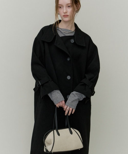 Plumel(プルメル)の「Stand Collar Sleeve Belt Long Coat / ウールライクスタンドカラーロングコート(ステンカラーコート・レディース・オフホワイト/ブラック・MEDIUM)」の21枚目の写真