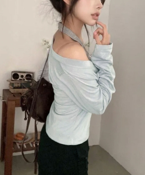 VIVID LADY(ビビッドレディー)の「配色ホルターネックインナードッキング Vネック長袖トップス(Tシャツ/カットソー・レディース・チャコールグレー/ライトブルー/グリーン・FREE)」の19枚目の写真