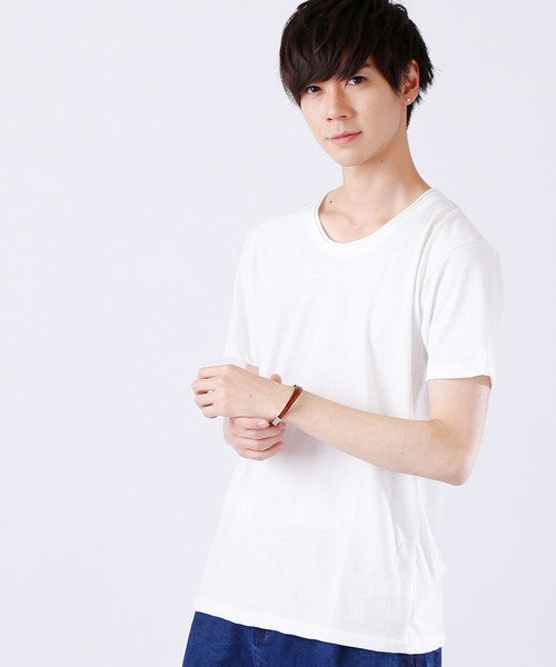 MONO-MART（モノマート）の「ツインロールネック Uネックカットソー  T/C(1/2 sleeve)（Tシャツ/カットソー・メンズ・ホワイト/オートミール/グレー/ワイン/エメラルド/カーキ/ブラウン/ネイビー/レッド/チャコール/ブラック/ブルー系その他/スモークピンク/ロイヤルブルー・L/M/S/XL）」の2枚目の写真