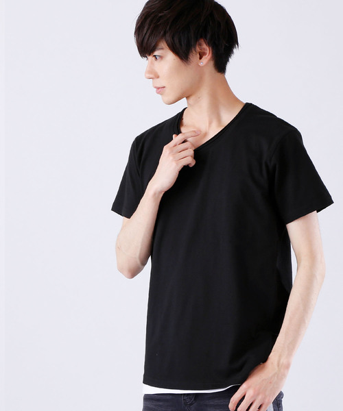 MONO-MART（モノマート）の「ツインロールネック Uネックカットソー  T/C(1/2 sleeve)（Tシャツ/カットソー・メンズ・ホワイト/オートミール/グレー/ワイン/エメラルド/カーキ/ブラウン/ネイビー/レッド/チャコール/ブラック/ブルー系その他/スモークピンク/ロイヤルブルー・L/M/S/XL）」の3枚目の写真