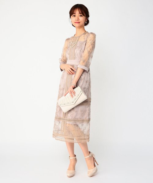 新規購入ランキング1位 花柄幾何学模様レース ミモレ丈ワンピースドレス 人気爆発激安