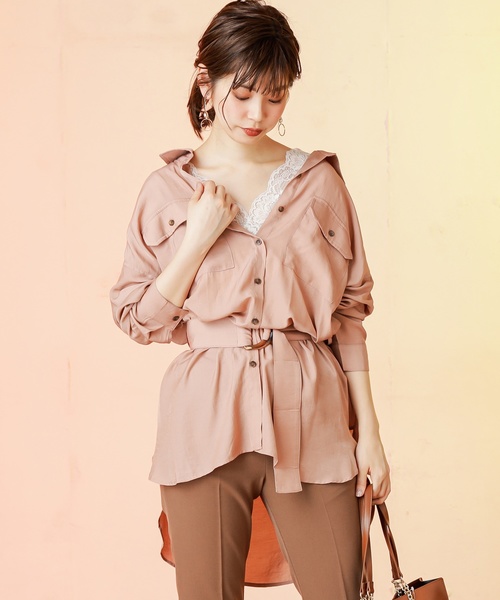 natural couture(ナチュラルクチュール)の「【WEB限定カラー有り】ベルト付きてろっとBIGシャツ(シャツ/ブラウス・レディース・ブラウン/ピンク/アイボリー/ミント・FREE)」の1枚目の写真