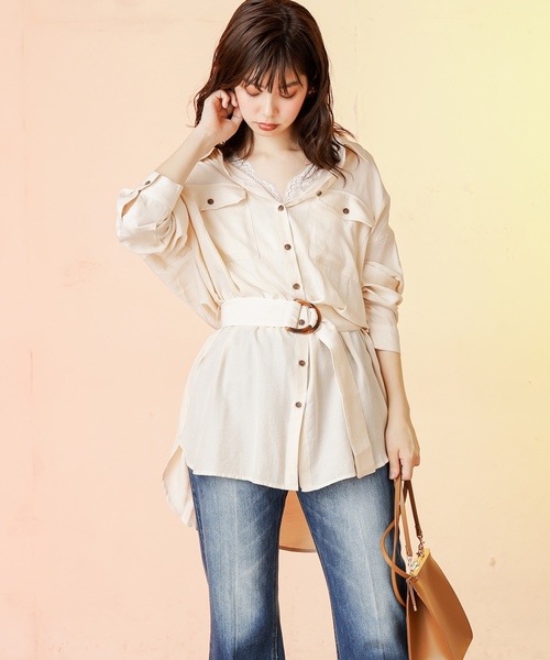 natural couture(ナチュラルクチュール)の「【WEB限定カラー有り】ベルト付きてろっとBIGシャツ(シャツ/ブラウス・レディース・ブラウン/ピンク/アイボリー/ミント・FREE)」の10枚目の写真