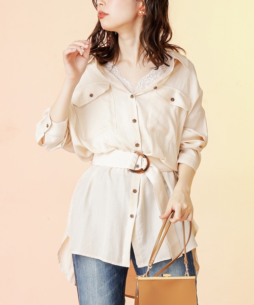 natural couture(ナチュラルクチュール)の「【WEB限定カラー有り】ベルト付きてろっとBIGシャツ(シャツ/ブラウス・レディース・ブラウン/ピンク/アイボリー/ミント・FREE)」の11枚目の写真