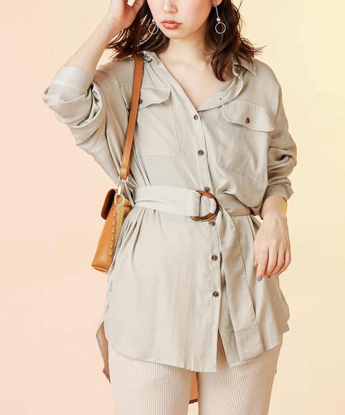 natural couture(ナチュラルクチュール)の「【WEB限定カラー有り】ベルト付きてろっとBIGシャツ(シャツ/ブラウス・レディース・ブラウン/ピンク/アイボリー/ミント・FREE)」の16枚目の写真