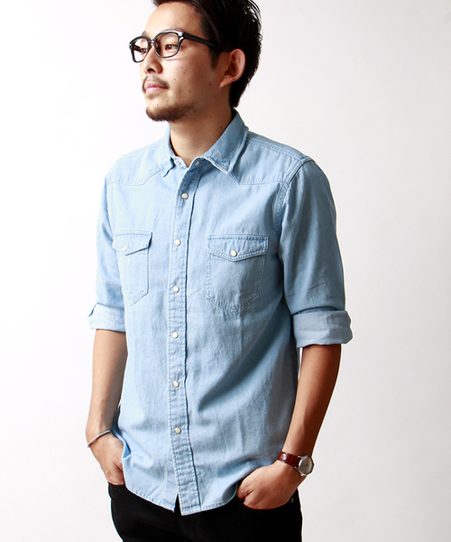 WEGO(ウィゴー)の「WEGO/デニムウエスタン7分袖シャツ(シャツ/ブラウス・メンズ・ホワイト/インディゴブルー/ライトインディゴブルー・MEDIUM/LARGE)」の3枚目の写真