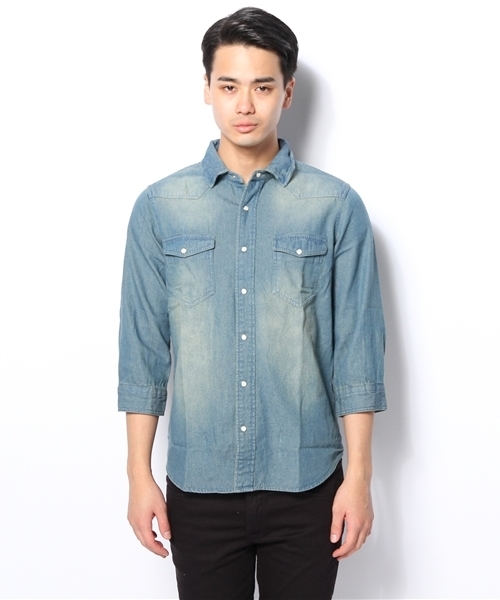 WEGO(ウィゴー)の「WEGO/デニムウエスタン7分袖シャツ(シャツ/ブラウス・メンズ・ホワイト/インディゴブルー/ライトインディゴブルー・MEDIUM/LARGE)」の4枚目の写真