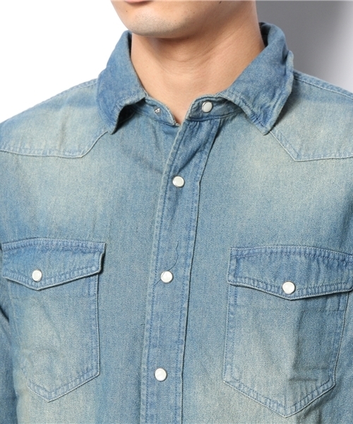 WEGO(ウィゴー)の「WEGO/デニムウエスタン7分袖シャツ(シャツ/ブラウス・メンズ・ホワイト/インディゴブルー/ライトインディゴブルー・MEDIUM/LARGE)」の7枚目の写真