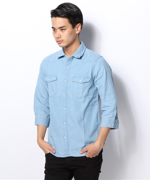 WEGO(ウィゴー)の「WEGO/デニムウエスタン7分袖シャツ(シャツ/ブラウス・メンズ・ホワイト/インディゴブルー/ライトインディゴブルー・MEDIUM/LARGE)」の14枚目の写真