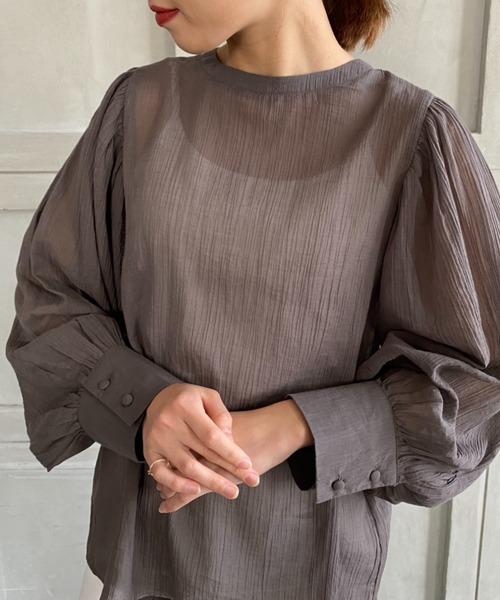 moment+（モーメントプラス）の「綿楊柳バックリボンボリュームスリーブブラウス（シャツ/ブラウス・レディース・オフホワイト/ナチュラル/グリーン/パープル/オレンジ/ブラウン/ブラック・M）」の20枚目の写真