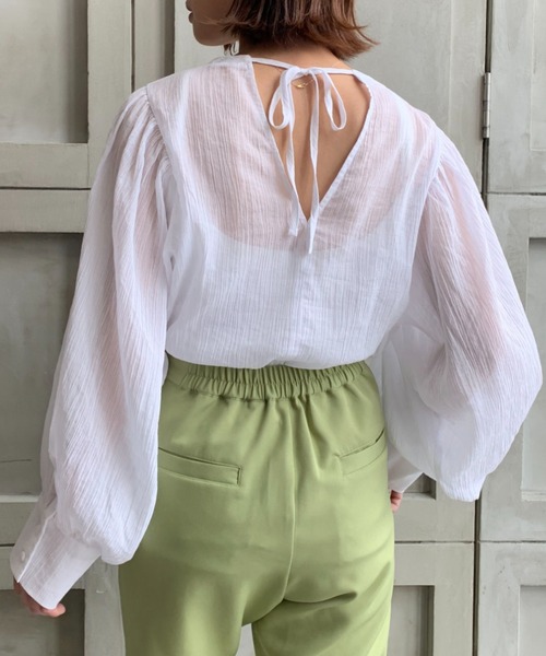 moment+（モーメントプラス）の「綿楊柳バックリボンボリュームスリーブブラウス（シャツ/ブラウス・レディース・オフホワイト/ナチュラル/グリーン/パープル/オレンジ/ブラウン/ブラック・M）」の9枚目の写真