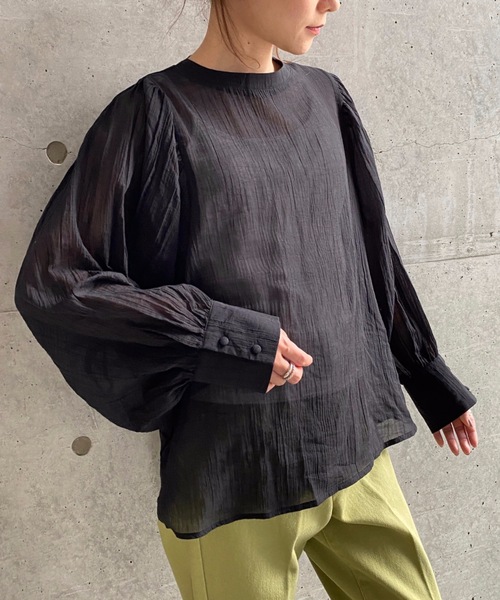 moment+（モーメントプラス）の「綿楊柳バックリボンボリュームスリーブブラウス（シャツ/ブラウス・レディース・オフホワイト/ナチュラル/グリーン/パープル/オレンジ/ブラウン/ブラック・M）」の14枚目の写真