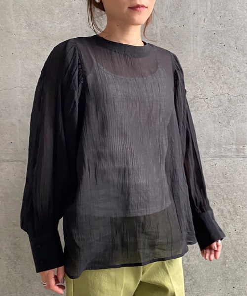 moment+（モーメントプラス）の「綿楊柳バックリボンボリュームスリーブブラウス（シャツ/ブラウス・レディース・オフホワイト/ナチュラル/グリーン/パープル/オレンジ/ブラウン/ブラック・M）」の15枚目の写真