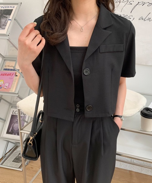 ショート丈 ブレザー セットアップ ジャケット パンツ セール】ショート丈ジャケットタックパンツセットアップ