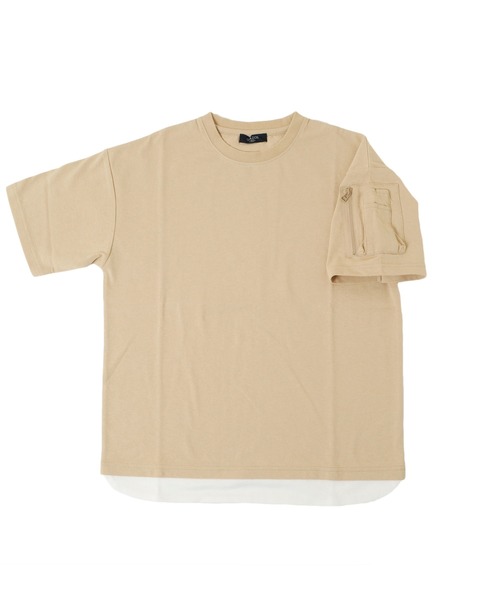 GLAZOS(グラソス)の「OE天竺・接触冷感ドロップショルダー袖ポケットレイヤード半袖Tシャツ(Tシャツ/カットソー・キッズ・チャコールグレー/ベージュ/カーキ・130cm/140cm/150cm/160cm/170cm)」の1枚目の写真