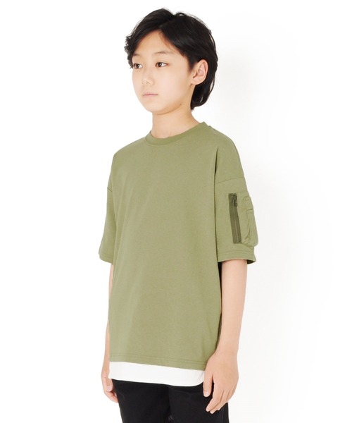 GLAZOS(グラソス)の「OE天竺・接触冷感ドロップショルダー袖ポケットレイヤード半袖Tシャツ(Tシャツ/カットソー・キッズ・チャコールグレー/ベージュ/カーキ・130cm/140cm/150cm/160cm/170cm)」の6枚目の写真