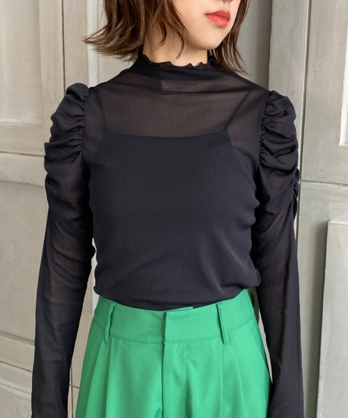 moment+（モーメントプラス）の「シアータートルメローパワーショルダープルオーバー（Tシャツ/カットソー・レディース・ブラック/オフホワイト/グレイッシュベージュ/カーキ/ライトグリーン/ブラウン・M/L）」の19枚目の写真