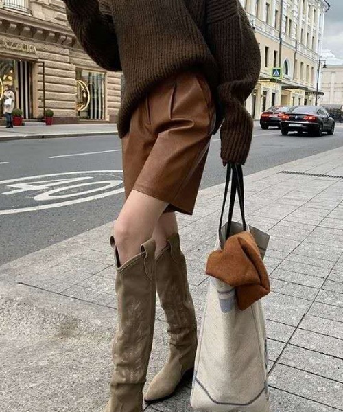 mamuエコレザーフェイクレザーテーパードパンツブラウン茶色 （MOSSIR  