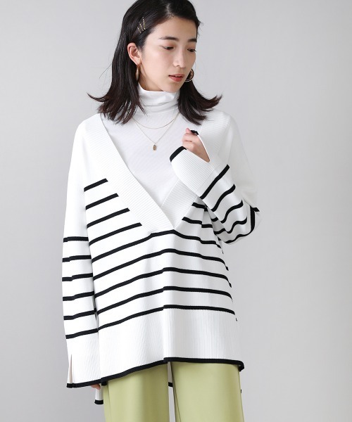 Bou Jeloud（ブージュルード）の「Vネックボーダーニット（ニット/セーター・レディース・ブラック/ブラウン/ブルー・FREE）」の16枚目の写真