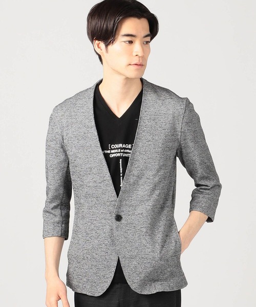 HIDEAWAYS NICOLE（ハイダウェイニコル）の「7分袖ノーカラージャケット（カーディガン/ボレロ・メンズ・ネイビー/グレー/サックスブルー/ブラック×ホワイト・MEDIUM/LARGE/X-LARGE/XX-LARGE）」の2枚目の写真