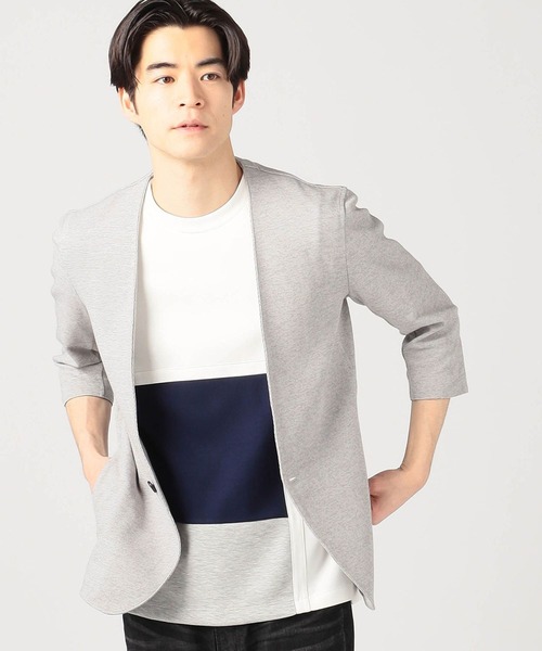 HIDEAWAYS NICOLE（ハイダウェイニコル）の「7分袖ノーカラージャケット（カーディガン/ボレロ・メンズ・ネイビー/グレー/サックスブルー/ブラック×ホワイト・MEDIUM/LARGE/X-LARGE/XX-LARGE）」の3枚目の写真