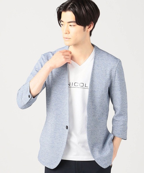 HIDEAWAYS NICOLE（ハイダウェイニコル）の「7分袖ノーカラージャケット（カーディガン/ボレロ・メンズ・ネイビー/グレー/サックスブルー/ブラック×ホワイト・MEDIUM/LARGE/X-LARGE/XX-LARGE）」の4枚目の写真