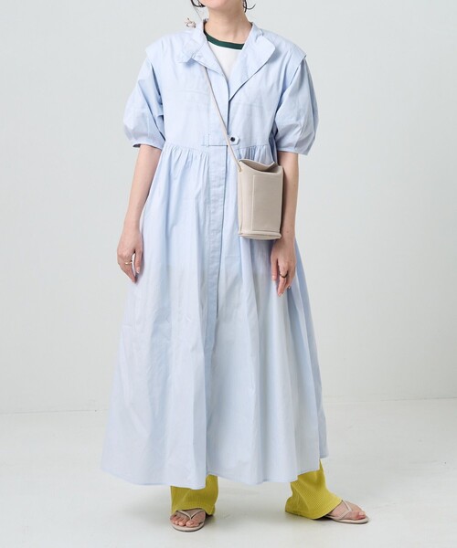 FREAK'S STORE(フリークスストア)の「サマーバルーンスリーブマキシワンピース(シャツワンピース・レディース・ブラック/オフホワイト/サックスブルー・フリ-)」の6枚目の写真