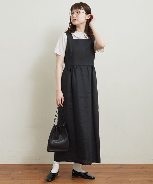 fig London BOY LINEN OP リネン　ブラック　フリーサイズ fig London（フィグロンドン）の「BOY LINEN OP（ワンピース