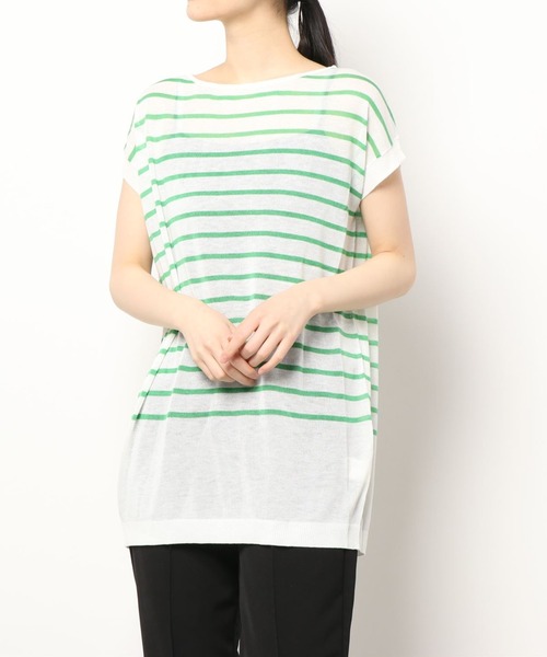 KOBE LETTUCE(コウベレタス)の「涼感シアーボーダーニットチュニック(ニット/セーター・レディース・ホワイト×グリーン/ホワイト×ブラック/ピンク系その他/ネイビー系・FREE)」の2枚目の写真