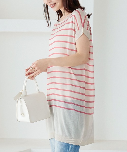 KOBE LETTUCE(コウベレタス)の「涼感シアーボーダーニットチュニック(ニット/セーター・レディース・ホワイト×グリーン/ホワイト×ブラック/ピンク系その他/ネイビー系・FREE)」の1枚目の写真