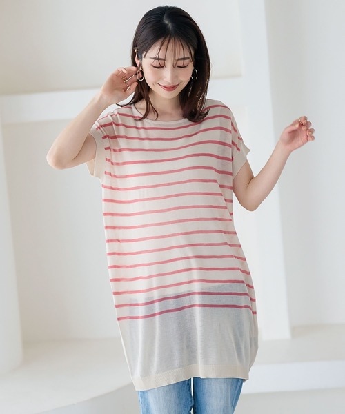 KOBE LETTUCE(コウベレタス)の「涼感シアーボーダーニットチュニック(ニット/セーター・レディース・ホワイト×グリーン/ホワイト×ブラック/ピンク系その他/ネイビー系・FREE)」の10枚目の写真