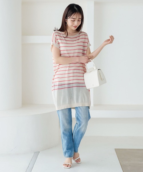 KOBE LETTUCE(コウベレタス)の「涼感シアーボーダーニットチュニック(ニット/セーター・レディース・ホワイト×グリーン/ホワイト×ブラック/ピンク系その他/ネイビー系・FREE)」の9枚目の写真