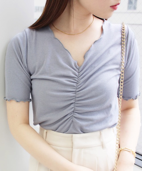 MLI'A(エムリア)の「フロントギャザー半袖トップス(Tシャツ/カットソー・レディース・ブラウン/サックスブルー/オレンジ/ホワイト×ブラック/ブラック×ホワイト・M)」の4枚目の写真