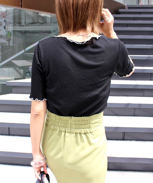 MLI'A(エムリア)の「フロントギャザー半袖トップス(Tシャツ/カットソー・レディース・ブラウン/サックスブルー/オレンジ/ホワイト×ブラック/ブラック×ホワイト・M)」の16枚目の写真